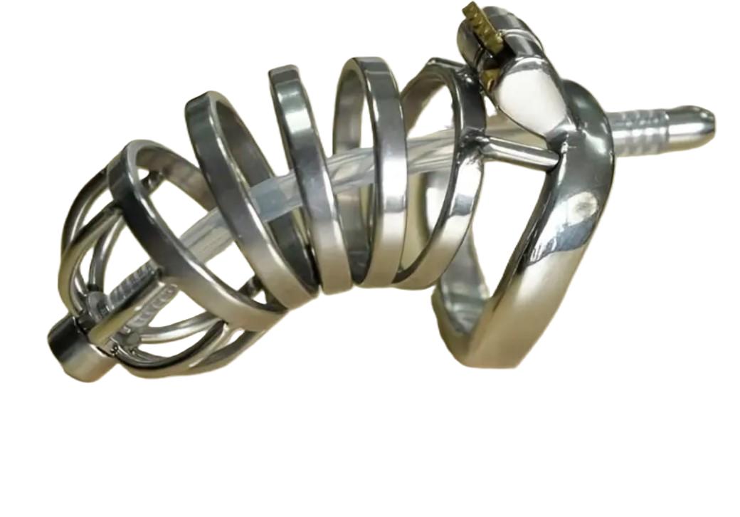 A stainless steel chastity cage with a urethral tube.