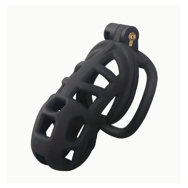 A black nylon chastity cage in a large size.