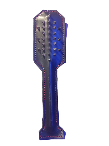 A rectanguler paddle with a narrowinh for the hand. It's plain leather on one side and has metal spikes on the other. It has a steel core.
