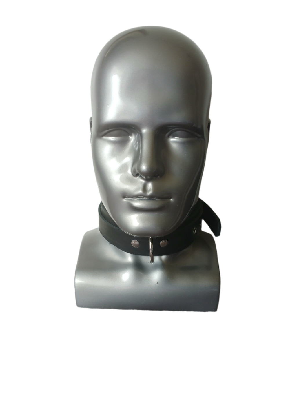 A manikin head wearing a slave's collar