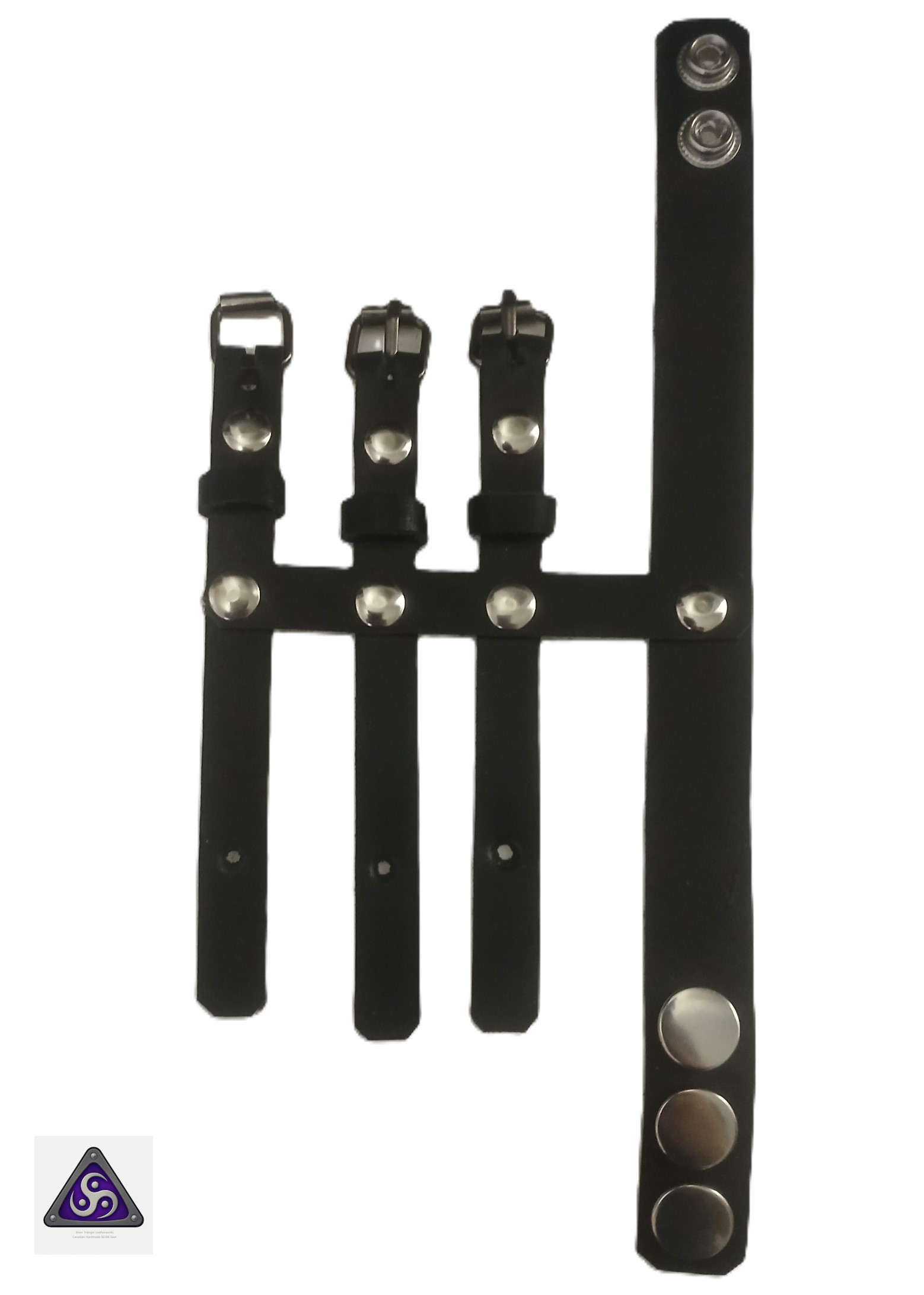 triplcockgage001 Four bands of leather tied together to form a penis holder that flows down the shaft.