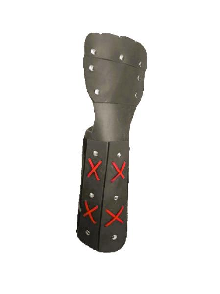 A forearm gauntlet that covers the forearm and the back of the hand. Made with Chinese Horse Leather in brown and black with red lacing.