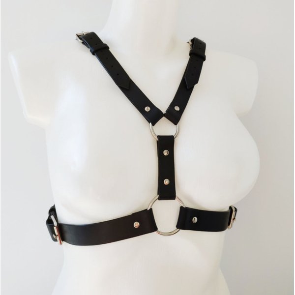 A white woman's bust wearing a harness that goes over the shoulder, down between the breasts then across under the breasts to the back.