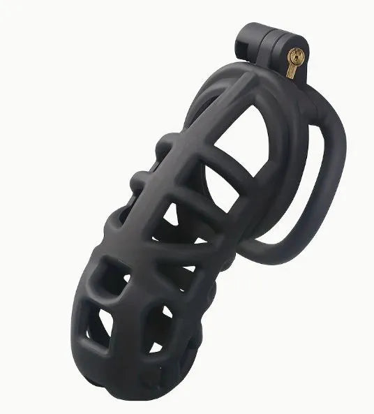 A male chastity cage made of black nylon, coomes with 4 base rings and lock.