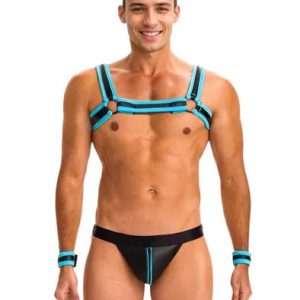 Blue Men Sexy PU Leather Harness Zipper Underwear Set