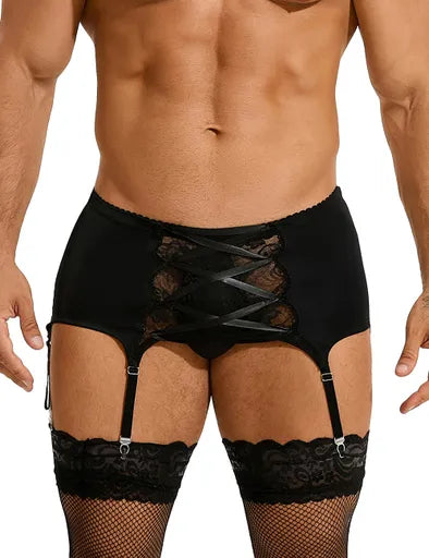 Black Swimming Cloth Lace Strap Men's Garter Panty