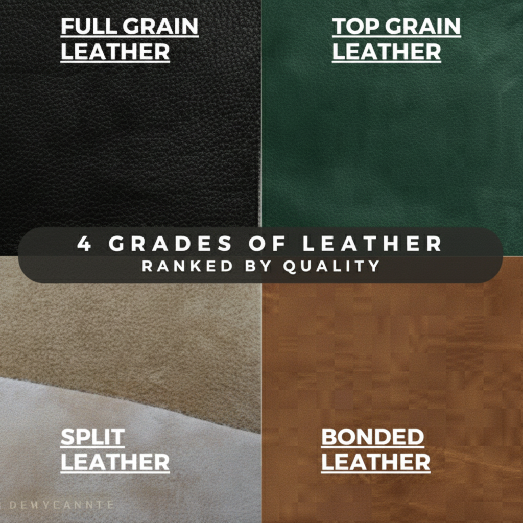 A picture of 4 different cuts of leather that come from a hide. Full-grain, top-grain, Split then bonded.